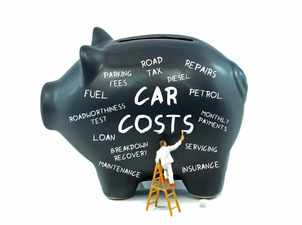 piggy bank with costs of car written on it