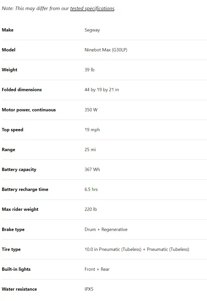 Ninebot-Max-G30-LP-Manufacterer-Specs