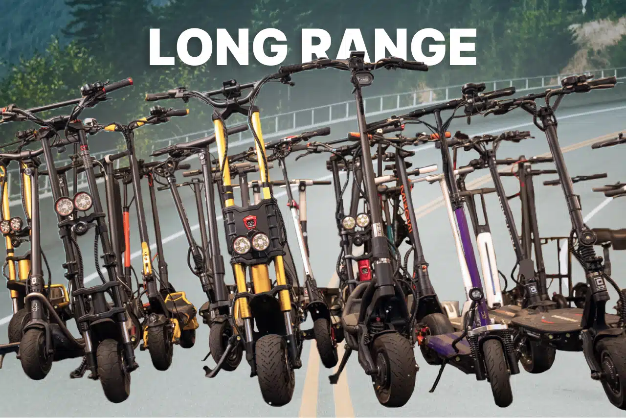 lots of scooters in front of a nature road