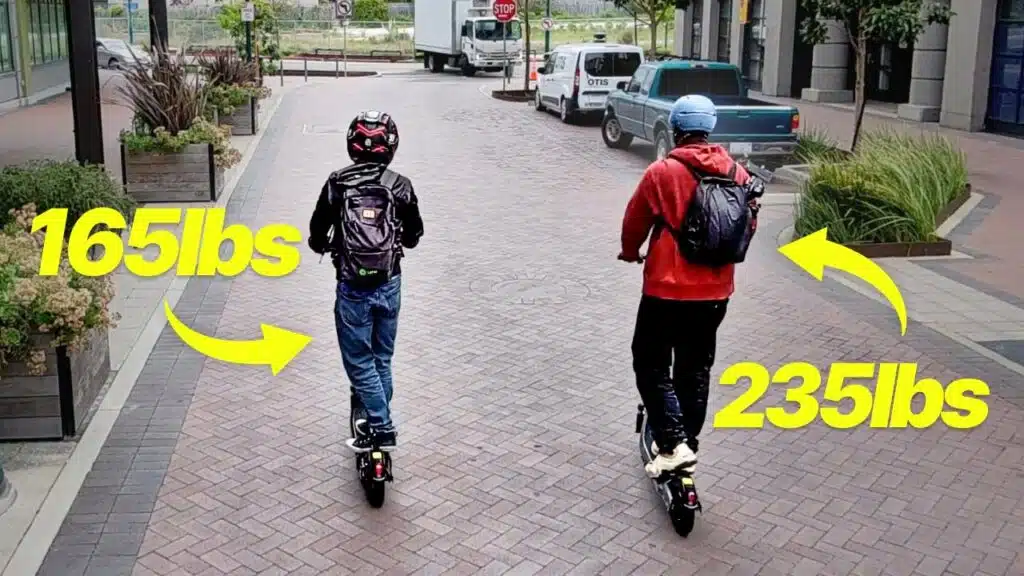 two different-sized riders on the H-1 Ace R350 and H-1 Ace R450 electric scooters
