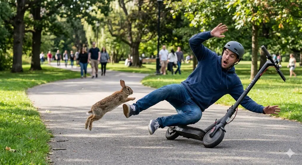 A wild rabbit jump-kicks a man riding an electric scooter through a park