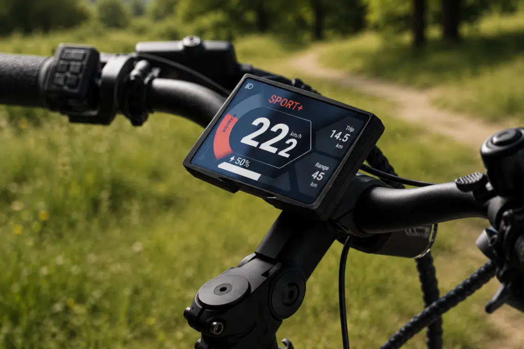 Tenways Wayfarer Review: One of the Smoothest Riding eBikes We've Tested 4 Tenways Wayfarer color LCD display reading 22.2 mph in Sport+ mode, mounted on the handlebars while riding through a grassy trail