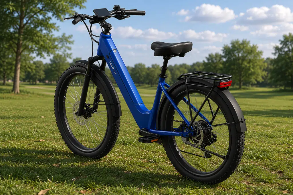 Tenways Wayfarer Review: One of the Smoothest Riding eBikes We've Tested 7 Tenways Wayfarer electric bike front-quarter view showing the integrated battery, rear rack, and large commuter tires on a sunny lawn