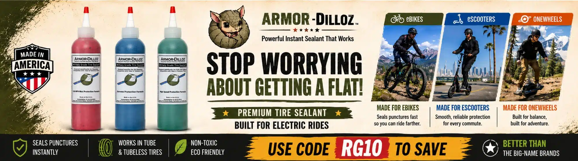 Armor-Dilloz premium tire sealant - built for electric rides - use code RG10 to save