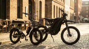 A moped-style electric bike with pedals next to an electric motorcycle with no pedals