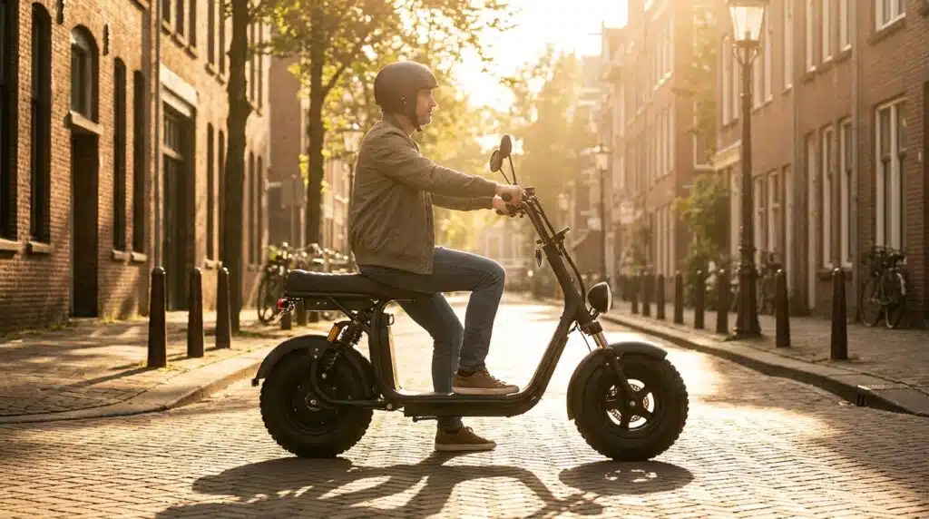 An adult riding a seated electric scooter on a city street