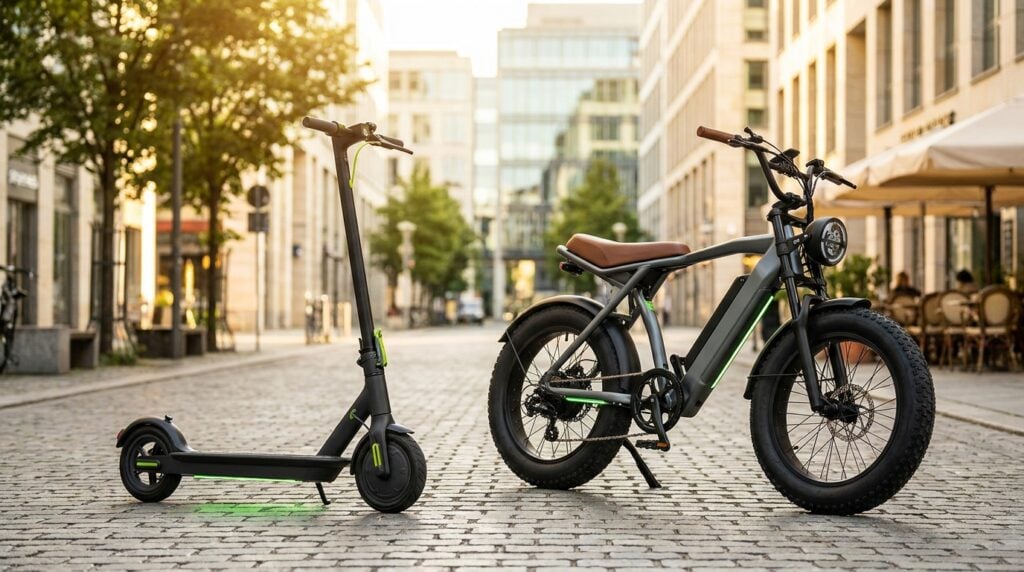 Electric scooter and fat-tire electric bike parked on a summer city street for Prime Day deals