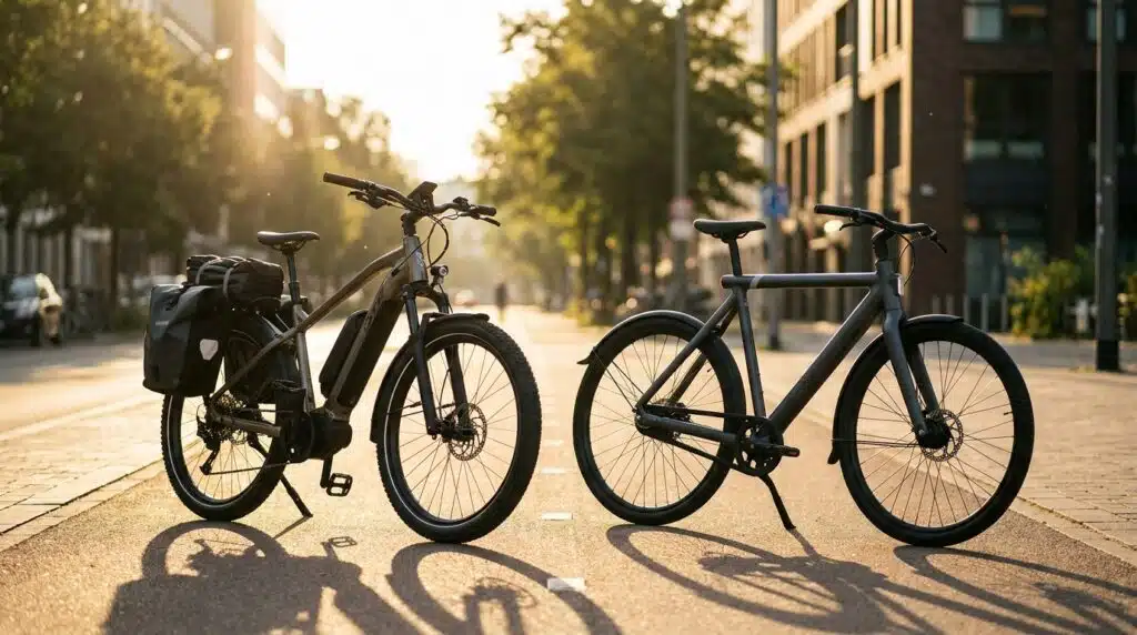 Two commuter electric bikes, a value model and a premium model, parked on a city bike path