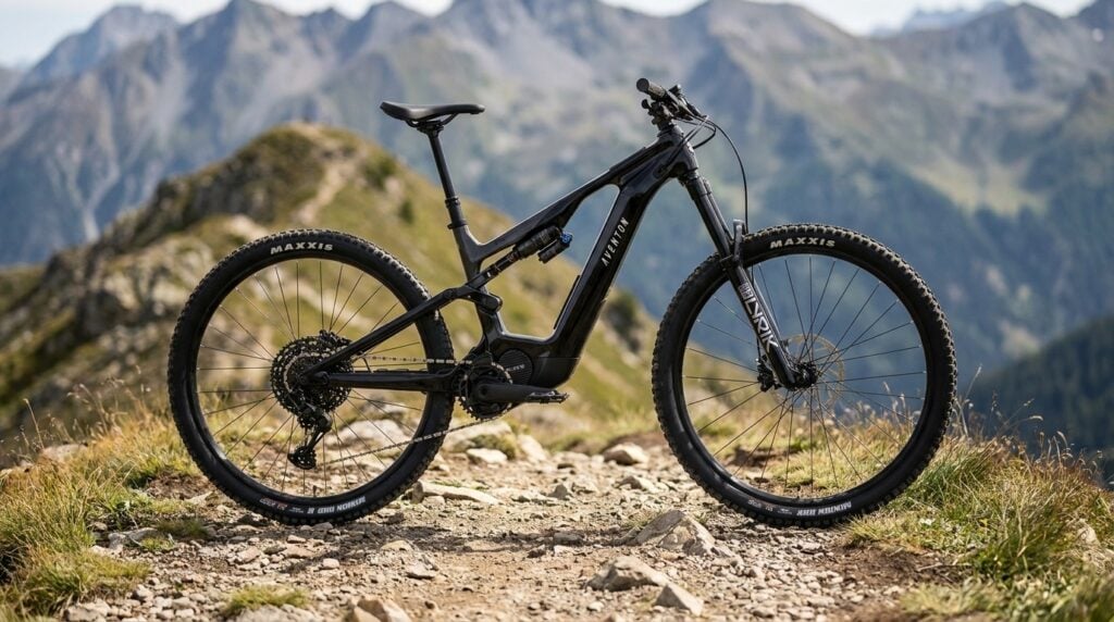 Aventon Current EXP carbon full-suspension electric mountain bike on an alpine ridge trail