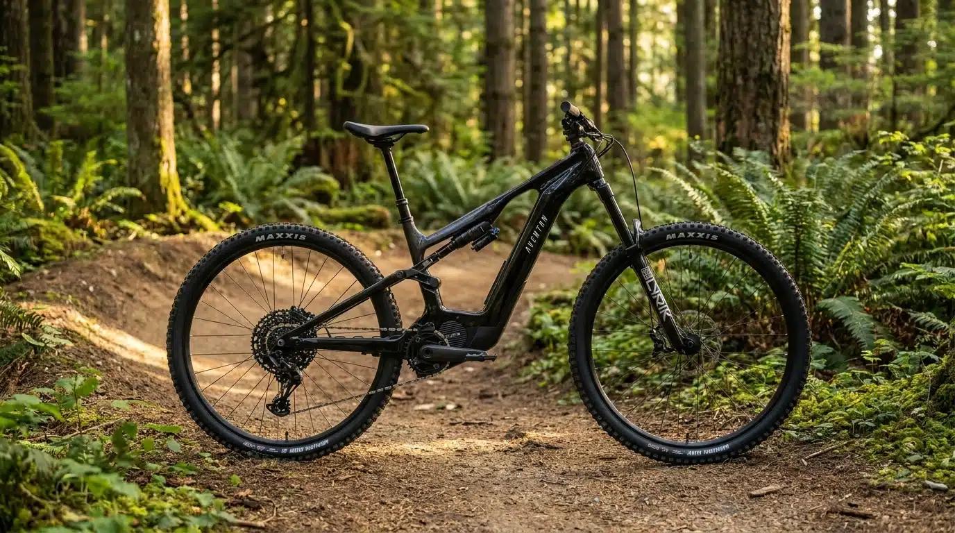Aventon Current EXP First Look 2 Aventon Current EXP carbon front triangle and RockShox Lyrik fork detail