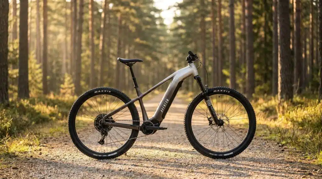 Aventon Ramblas electric mountain bike on a forest gravel trail
