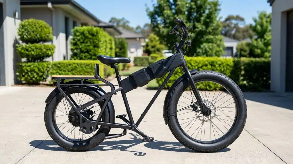 JackRabbit MG Cargo micro cargo electric bike on a suburban driveway
