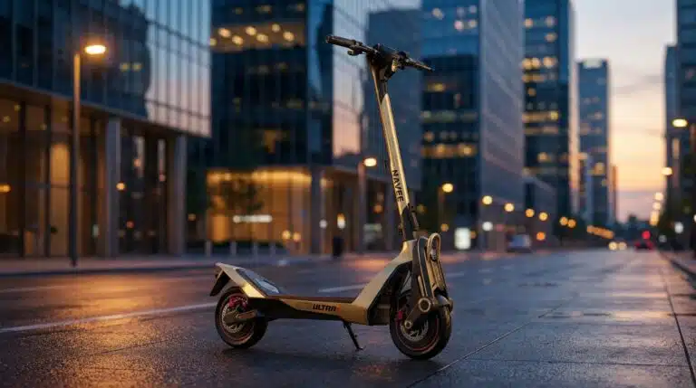 Navee UT5 Ultra X standing electric scooter on a city street at dusk