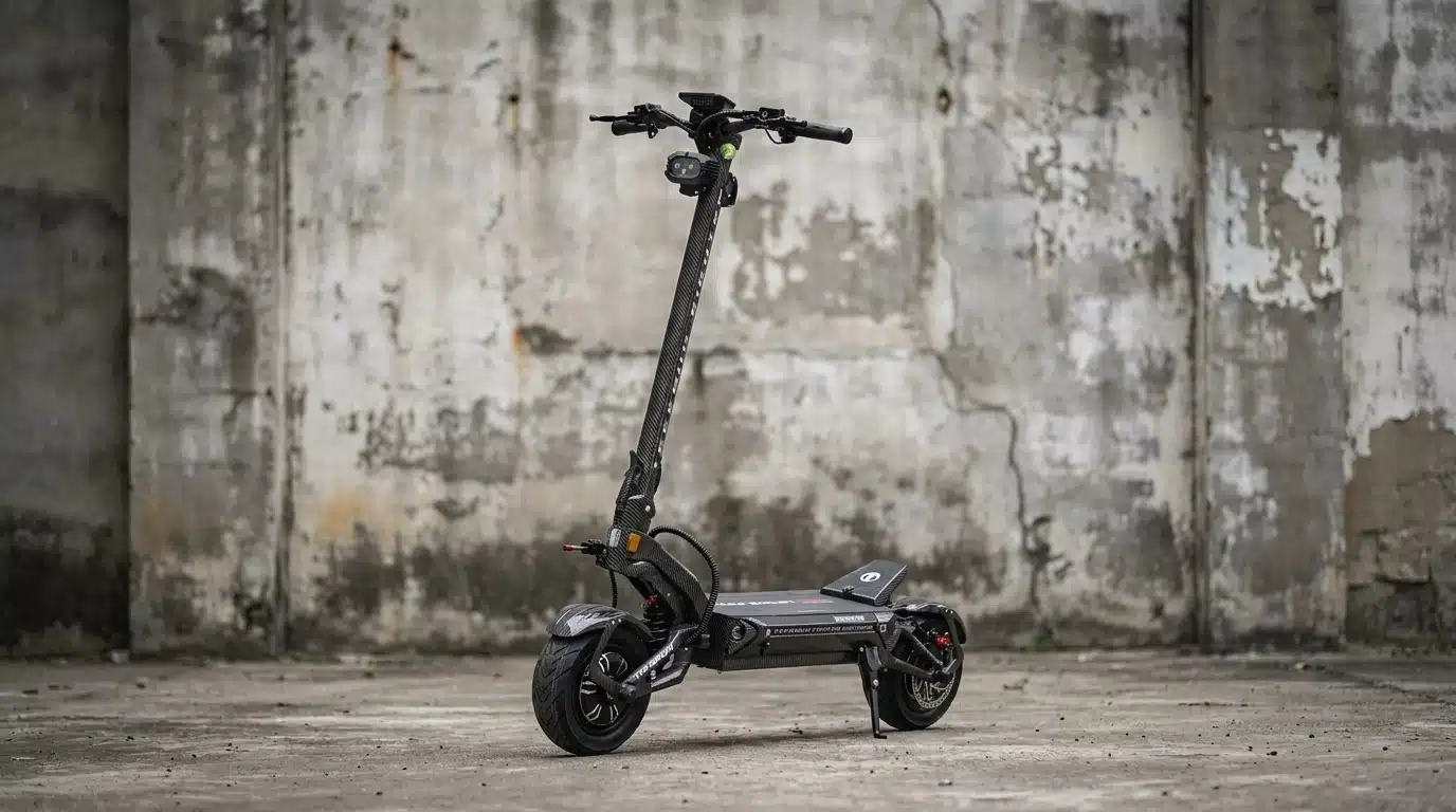 Teverun Fighter Supreme Ultra First Look: The Fighter Ultra 2 Arrives 2 Teverun Fighter Supreme Ultra 2.0 deck, stem, and 11-inch tires from the side