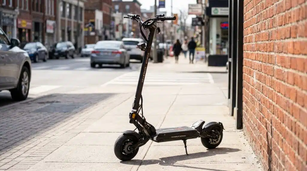 Teverun Space Lite commuter electric scooter on a sunlit urban sidewalk