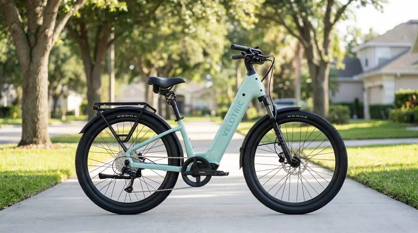 Velotric Discover 3 First Look: The Discover 2 Successor 1 Velotric Discover 3 step-through commuter eBike parked on a tree-lined city street