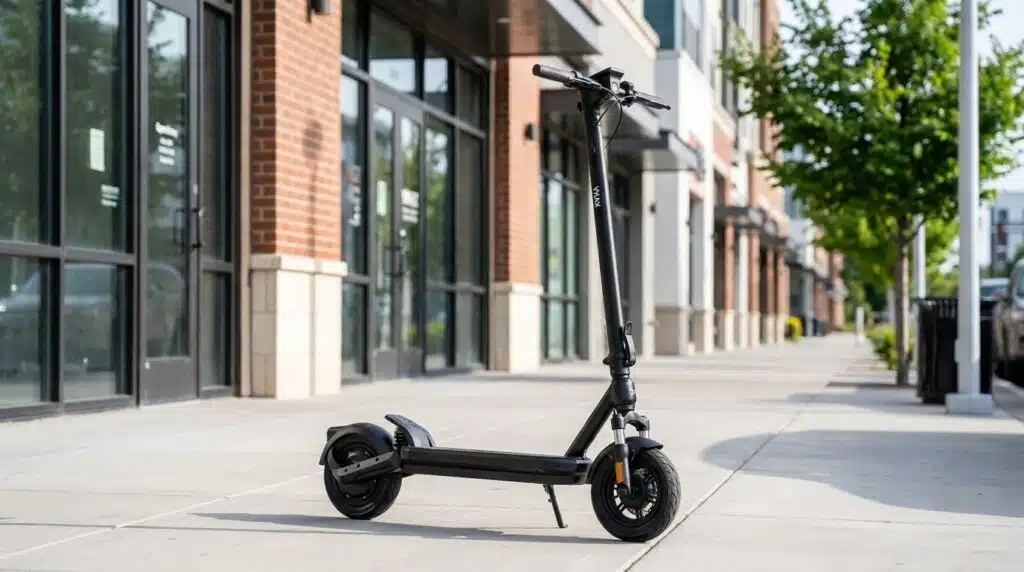VMAX VX2 Lite full-suspension commuter electric scooter on a city sidewalk