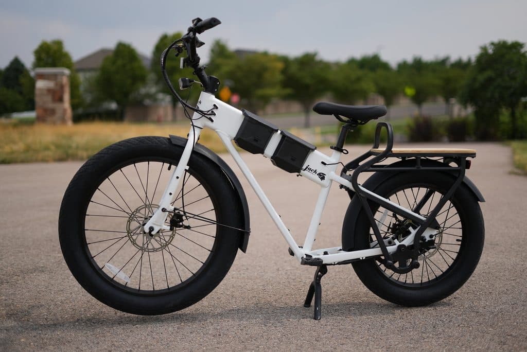 JackRabbit MG Cargo micro cargo electric bike, side view, RiderGuide test bike