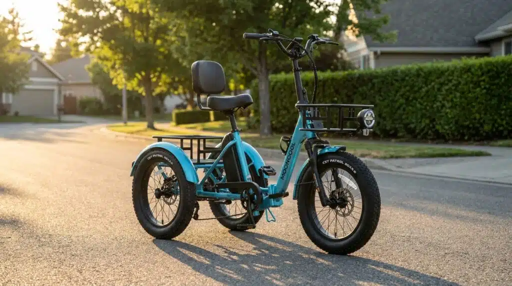 MoonCool TK2 Pro electric trike parked on a suburban street, showing its low step-through frame, two rear wheels and front and rear cargo baskets