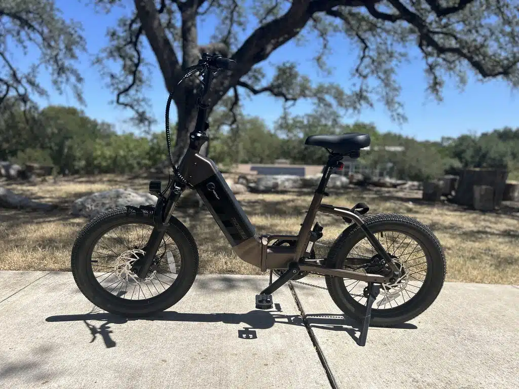 Ride1UP Portola 02 folding electric bike parked on pavement, RiderGuide test bike