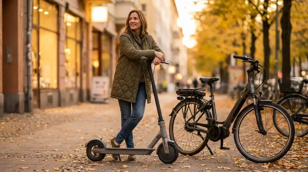 Rider leaning on an electric scooter next to a step-through ebike on an autumn city sidewalk